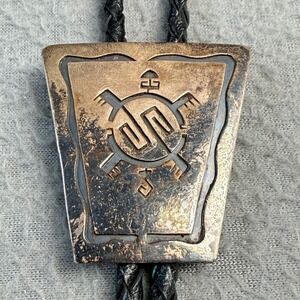 Vintage Hopi Sterling Silver Overlay Turtle Bolo Tie Braided Black Leather Tie